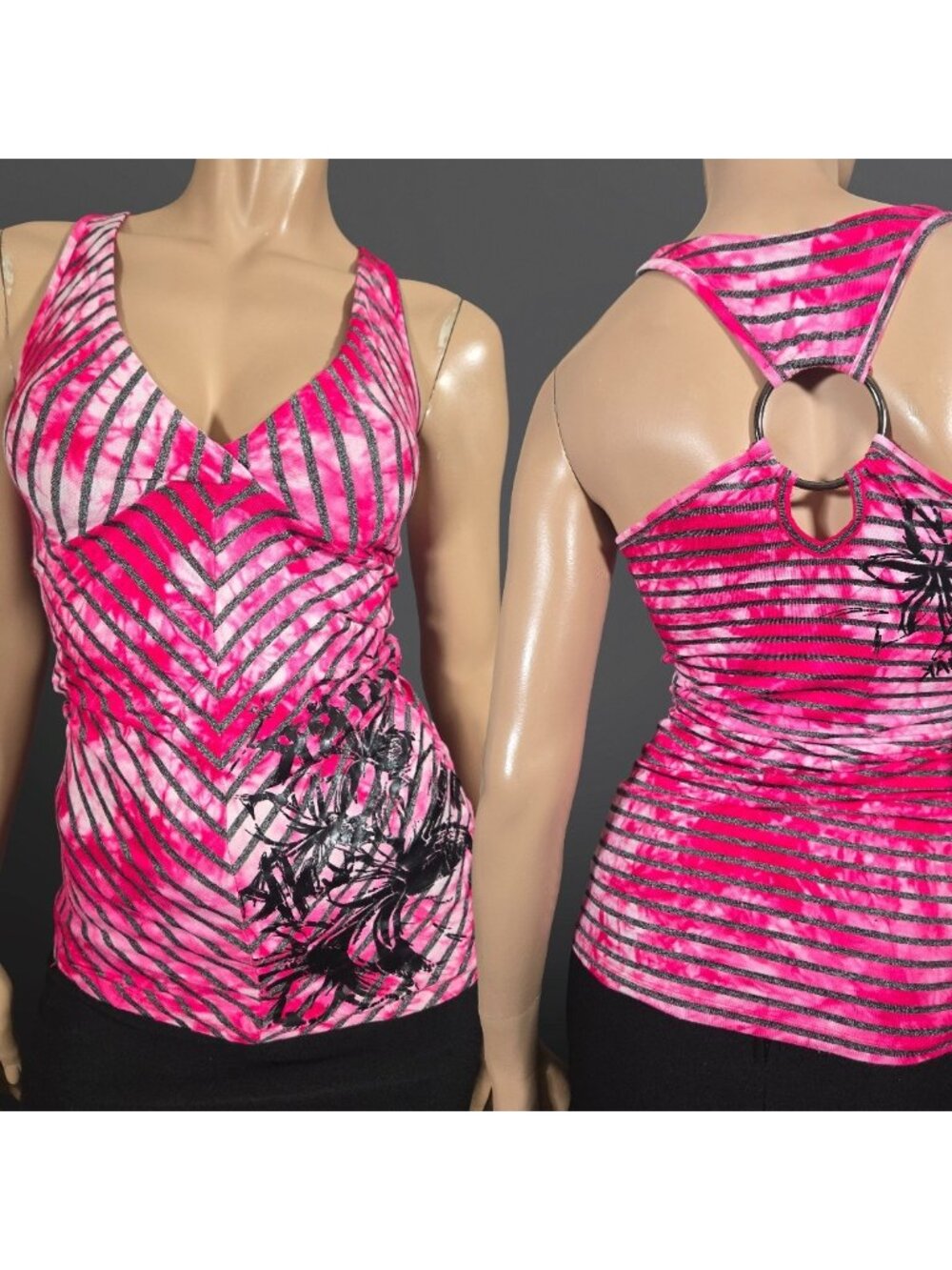 Y2K Hot Pink Black Striped Graphic Tank Top O Ring Scene mall Goth Size XS